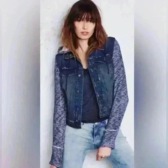 Free People Denim And Knit Hooded Grunge Western Jacket in  Indigo Blue Small - Picture 1 of 13
